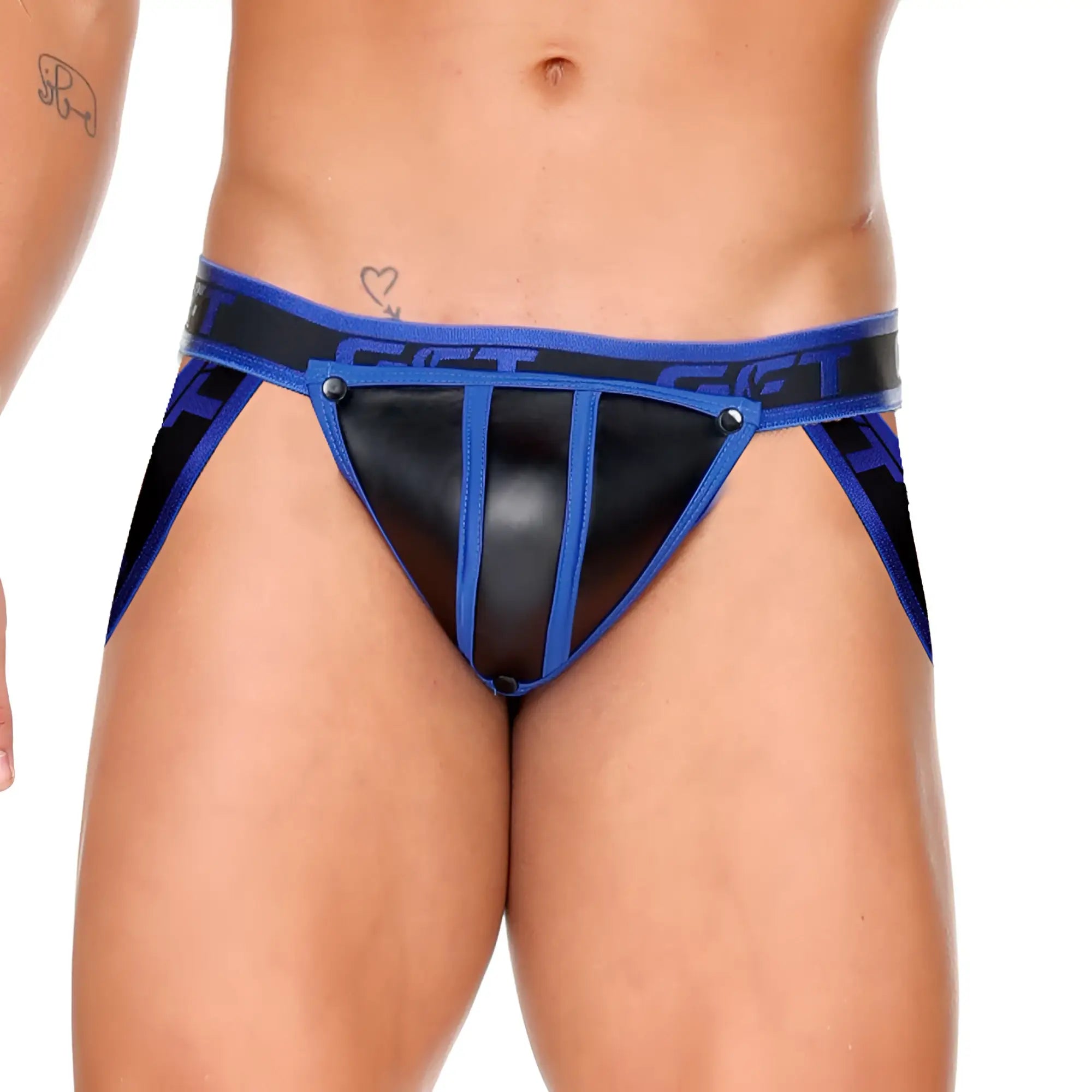 Blue and black leather-trimmed briefs with a bold modern design from gigo fetish blue jockstrap collection