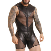Black faux leather and mesh Gigo fetish body bodysuit with front zipper for edgy fashion wear