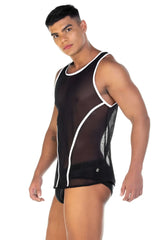 Black sheer mesh tank top with white trim and side panels from gigo fetish curves in size medium
