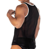 Black mesh tank top with white trim featuring mesh piping detail in size medium from gigo fetish curves collection