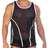 Black mesh tank top with white trim and piping from gigo fetish curves size m