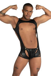 Black shiny faux leather bodysuit with mesh panels and silver button accents gigo fetish detachable piping singlet size s