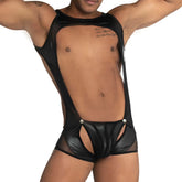 Black shiny latex bodysuit with mesh panels and silver button fastenings from gigo fetish size s