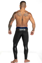Black glossy gigo fetish detachable piping mesh leggings pants with perforated design and blue waistband size s