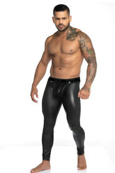 Black glossy faux leather high-waisted leggings with central front seam gigo fetish detachable piping mesh pants size s