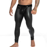 Black shiny faux leather high-waisted leggings with internal pouch from gigo fetish detachable piping mesh pants size s