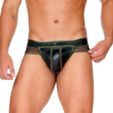 Black and olive green mesh briefs with shiny faux leather front panel from gigo fetish green brief collection
