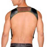 Gigo Fetish Green Harness black and olive green mesh-backed harness with adjustable straps and breathable mesh material