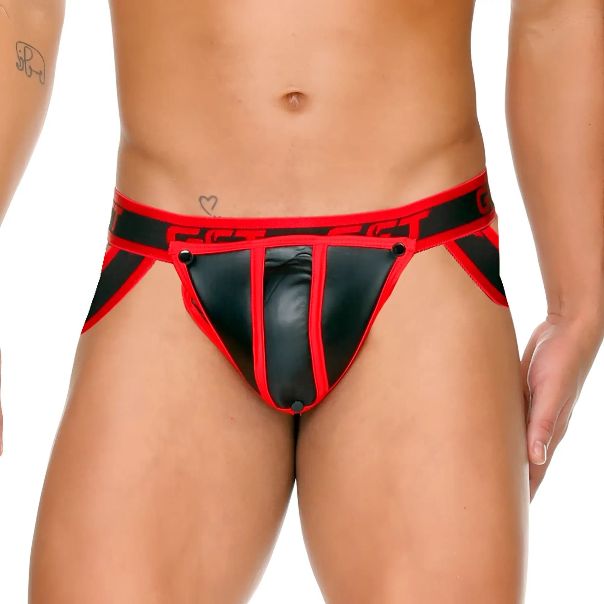 Black and red leather-trimmed gigo fetish red jockstrap men’s briefs with bold angular design