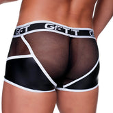 Black and white mesh briefs with a glossy black front panel and get it logo waistband from gigo fetish white trunk