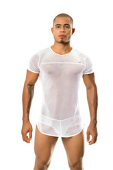 Gigo FIRE white short sleeved t shirt in size XL featuring a white mesh v neck sheer form fitting design