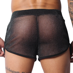 Sheer black athletic short with a subtle metallic shimmer, featuring a wide waistband and black trim.