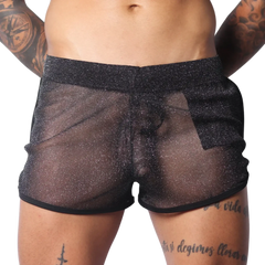 Sheer black metallic glitter shorts with a comfortable elastic waistband and black hem trim.