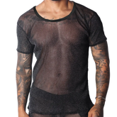 Black sheer scoop-neck T-shirt in a shimmering, fine-knit metallic fabric.