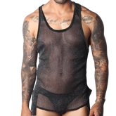Black semi-sheer mesh tank top with a subtle glitter finish and solid black trim, worn over matching briefs.