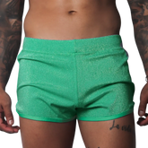 Flash green, form-fitting glittery athletic shorts with a clean hem and elastic waistband.