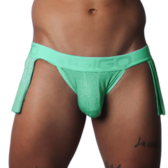 Flash green glittery athletic jockstrap with a branded waistband and detached side skirt panels.