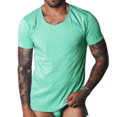 Short-sleeve slim-fit T-shirt in flash green with a shimmering metallic texture and a wide scoop neckline.