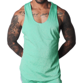 Flash green scoop neck tank top in a shimmering, textured material.