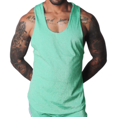 Flash green scoop neck tank top in a shimmering, textured material.