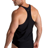 Back side of a black racerback tank top with a small dark logo on the upper back from gigo flashing black tank