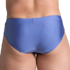 Blue satin gigo flashing swim briefs with a smooth glossy finish and seamless construction front view