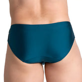 Teal satin gigo flashing green swim brief with smooth glossy finish showing front side of swimwear
