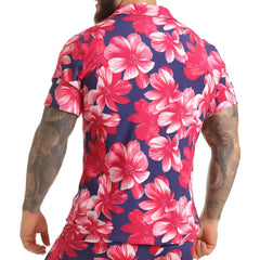 Gigo Flowers fucshia navy blue short-sleeved hawaiian shirt with vibrant pink and white hibiscus floral print