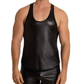 Black glossy faux leather tank top with subtle perforated texture across the chest from Gigo Foamy Tank