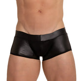 Black gigo foamy trunk faux leather briefs with perforated mesh panel on waistband shown from the front