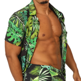 Gigo forest shirt short-sleeved button-up with vibrant green tropical leaf pattern on black base fabric