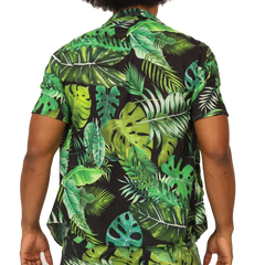 Gigo Forest Shirt vibrant tropical leaf patterned short-sleeve shirt in green shades on black background