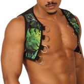 Black and green tropical leaf-patterned gigo forest vest harness with silver metal rings front view