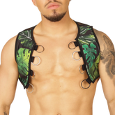 Green tropical leaf patterned gigo forest vest harness with black trim and silver metal rings for secure fit