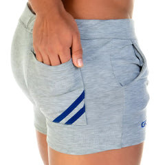 Gray heathered gigo forever gray blue short sweatshorts with blue diagonal stripes on side pockets and small brand logo