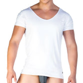 White short-sleeved v-neck t-shirt by Gigo Forever made of smooth form-fitting fabric ideal for casual wear