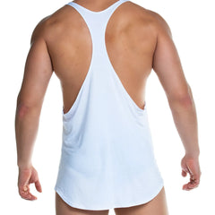 White racerback tank top gigo forever with deep back cutout and relaxed fit for casual wear shown from back side