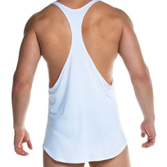 White racerback tank top gigo forever with deep back cutout and relaxed fit for casual wear shown from back side