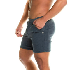 Dark heather gray gigo formal gray athletic shorts with silver button accents on side pockets