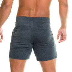 Dark heather gray gigo formal gray short with high-waisted fit and two back pockets shown from the back side