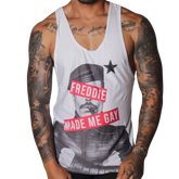 White cotton tank top with a black-and-white print of Freddie Mercury and red text reading "FREDDIE MADE ME GAY."