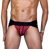 Gigo fresh fuchsia jockstrap in black and neon pink mesh briefs with a bold perforated design