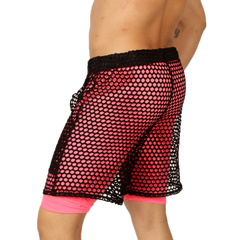 Pink and black mesh shorts with solid pink inner lining from gigo fresh fuchsia short collection