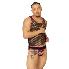 Black mesh tank top with pink trim and matching briefs from gigo fresh fuchsia tank lingerie set