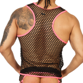 Black mesh tank top with vibrant pink trim from Gigo Fresh Fuchsia Tank featuring breathable mesh fabric
