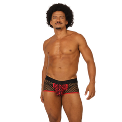 Gigo fresh fuchsia trunk black mesh briefs with red heart patterned front panel and matching red trim