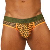 Gigo Fresh Orange Brief olive green and neon orange mesh briefs with bold patterned design front view