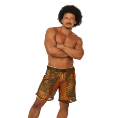 Gigo fresh orange short featuring orange and green mesh fabric with a solid orange waistband for breathable comfort