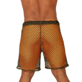 Gigo fresh orange short featuring orange mesh shorts with a dark green elastic waistband and matching trim