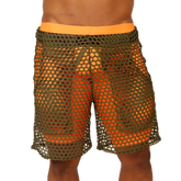 Olive green mesh shorts with bright orange waistband and matching inner lining from gigo fresh orange short collection